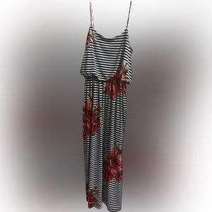 Navy and White Maxi dress with Red flowers and brown leaves. Size 12.